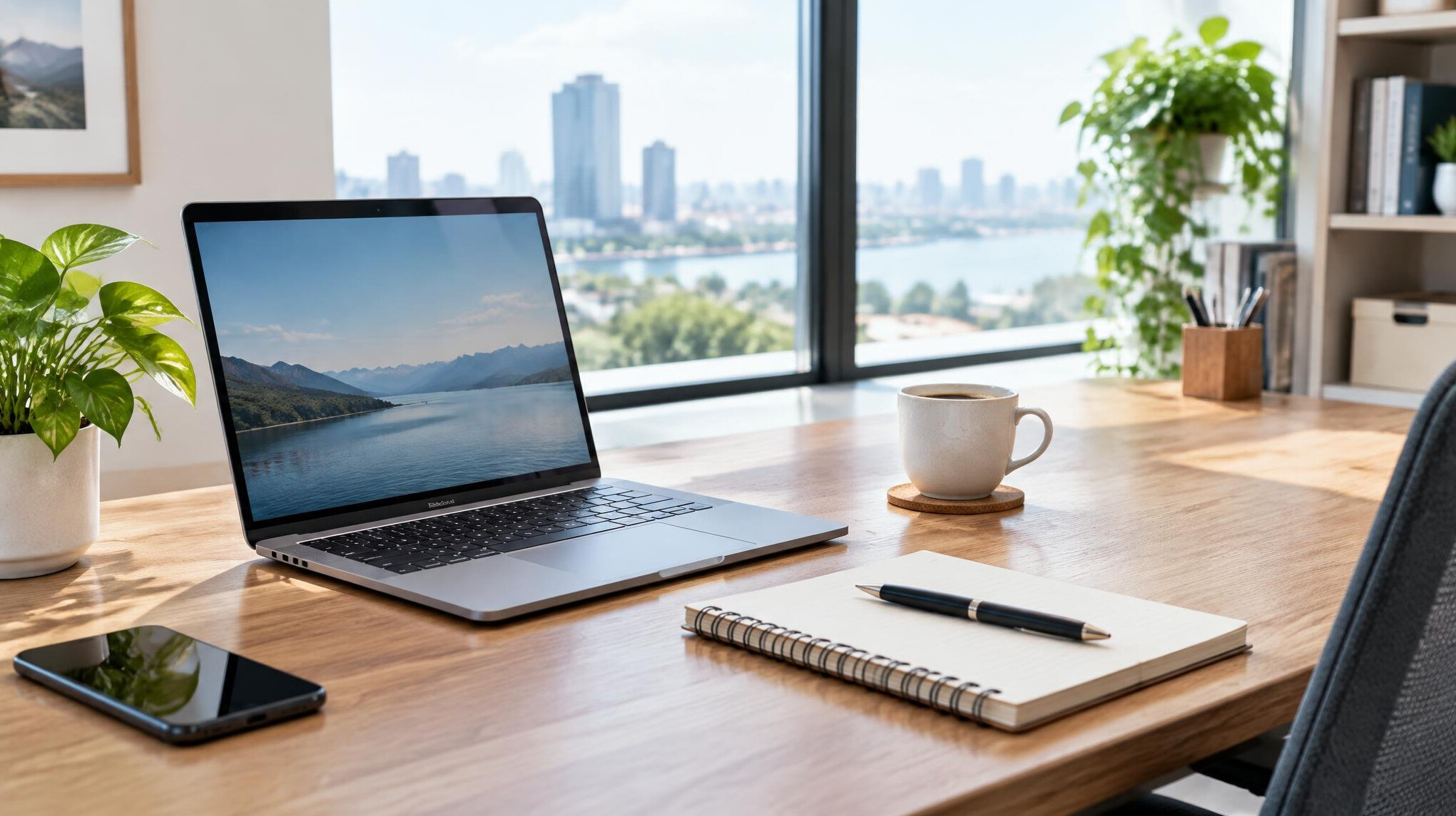 Bright modern office workspace with a laptop