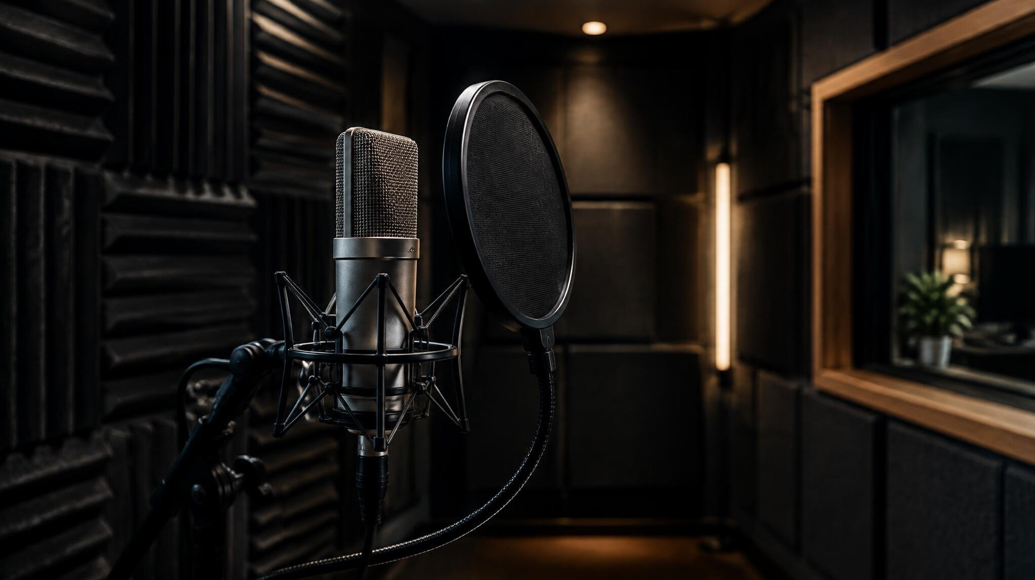 Studio microphone with pop filter in a sound booth